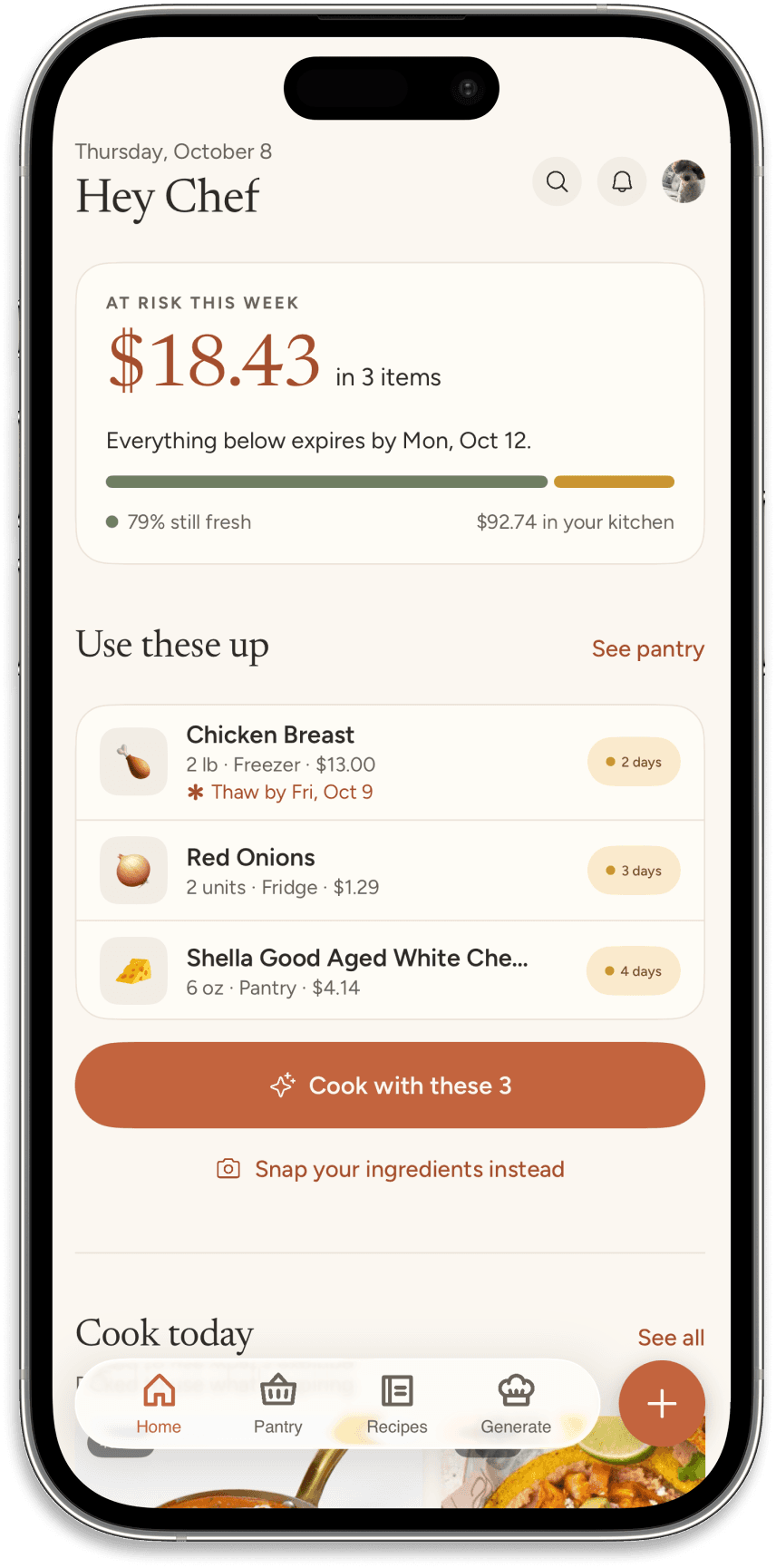 UseUp home screen showing $18.43 at risk this week and three ingredients to use up