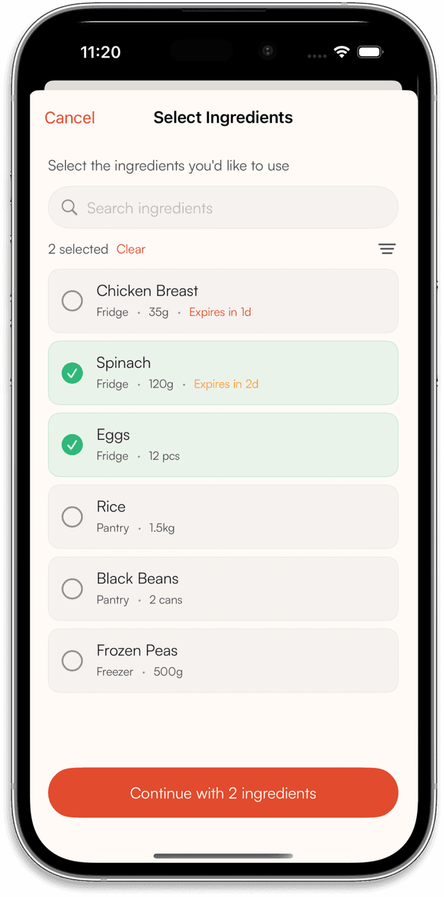 Select ingredients you want to use